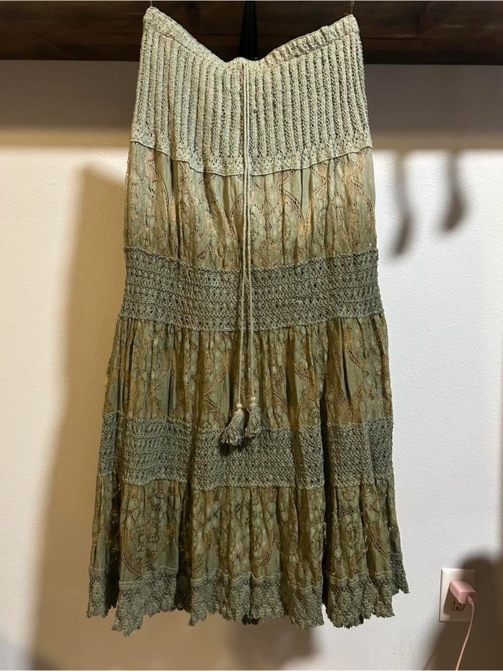 MEC Olive Green Tiered Maxi Skirt with Crochet Waist